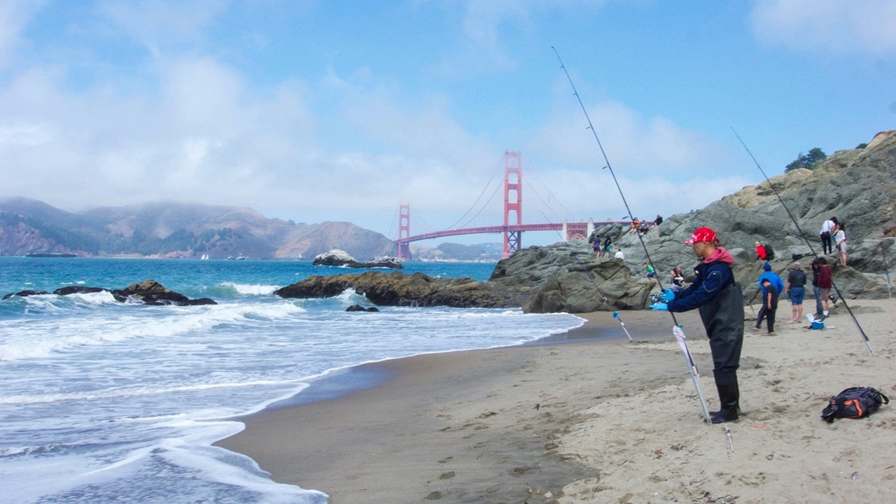 Fishers try their luck at Baker Beach in San Francisco.
